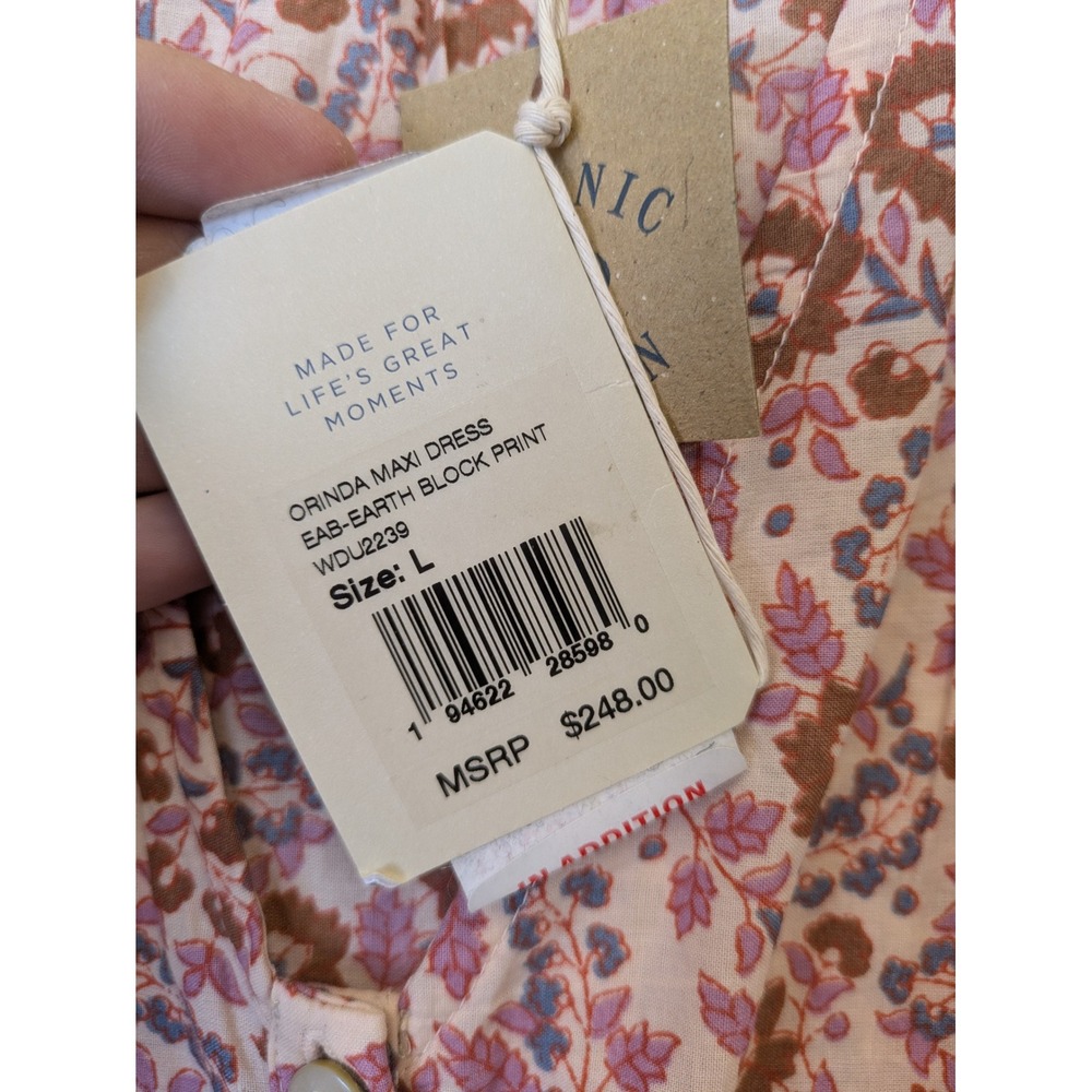 NEW Faherty Orinda Maxi Dress Women's L Earth Block Print Organic Cotton Tassel - Picture 4 of 12